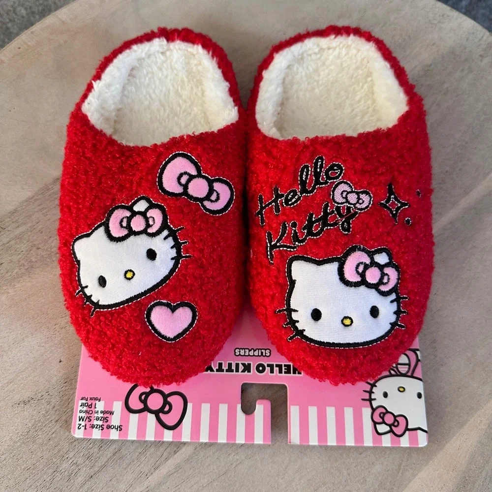 Hello Kitty Kids Red Sherpa Faux Fur Slippers Size 1-2 S/M Sanrio New